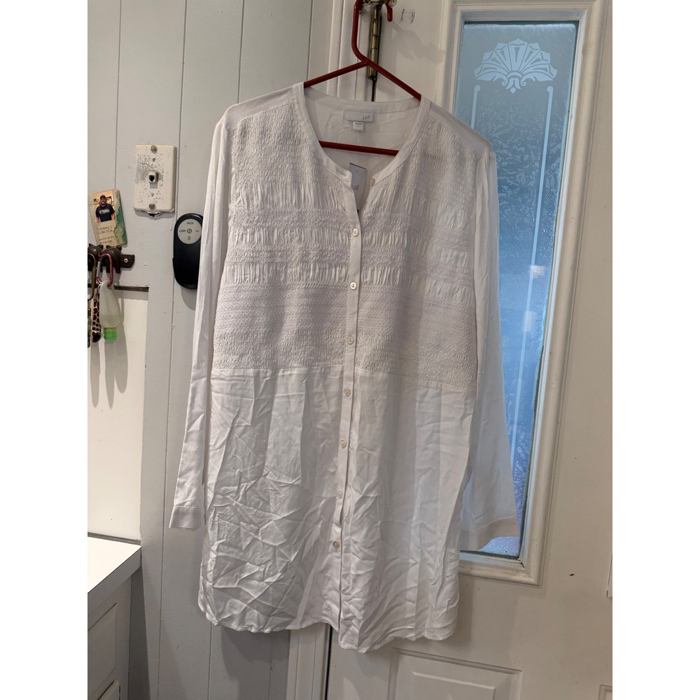 J. Jill White Smocked Button Front Tunic Top Long Sleeve Rayon XL NEW